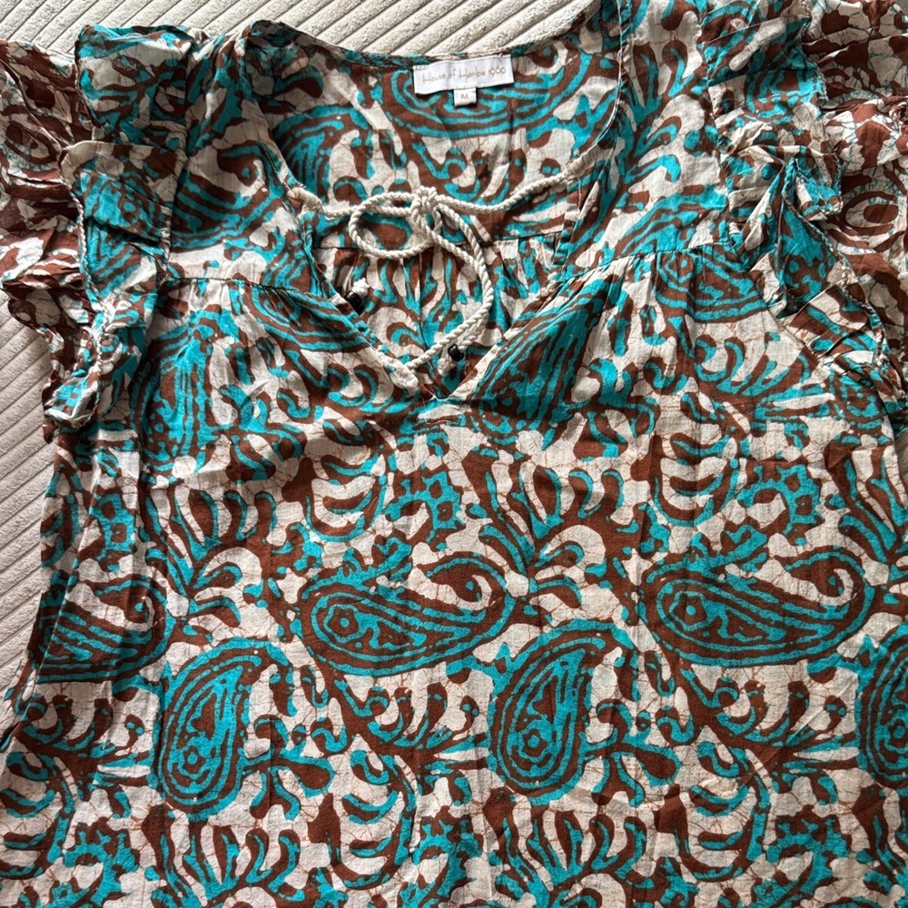 House of Harlow 1960 Teal and Brown Paisley Blouse